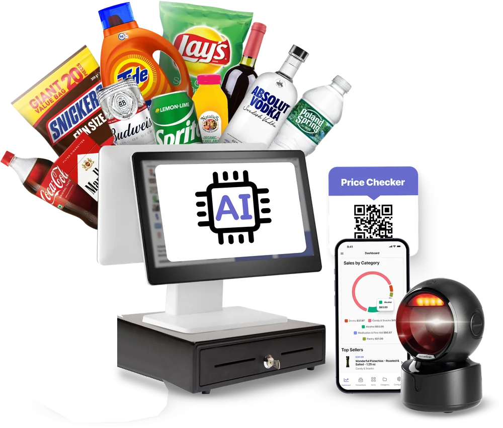 Bodega AI all-in-one AI POS: dual-screen terminal, cash drawer, barcode scanner, and customer price checker